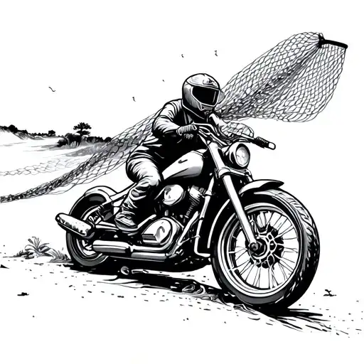 A motorcycle riding through a Texas desert landscape with a fishing net trailing behind, symbols of Mexico and Aruba in the background tattoo design idea