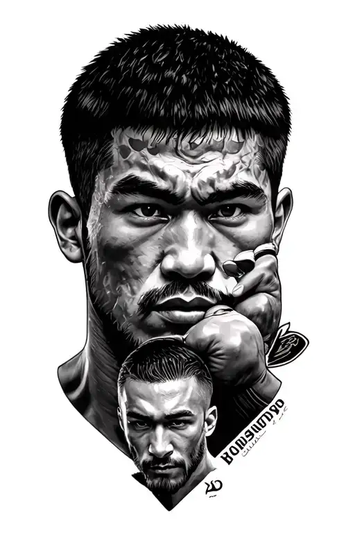 Create an image of a martial arts tattoo with elements of Bruce Lee, Mohammad Ali and Conor McGregor no faces or body tattoo design idea