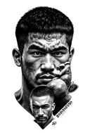 Create an image of a martial arts tattoo with elements of Bruce Lee, Mohammad Ali and Conor McGregor no faces or body tattoo design idea