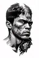 Create an image of a martial arts tattoo with elements of Bruce Lee, Mohammad Ali and Conor McGregor no faces or body tattoo design idea