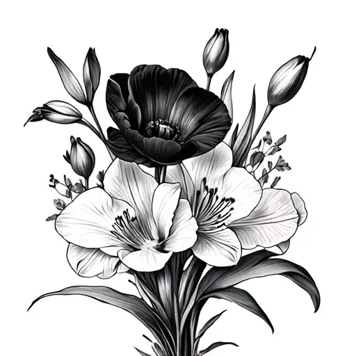 small flower bouquet with stems made of orchid, tulips, christmas lily and poppy's tattoo design idea