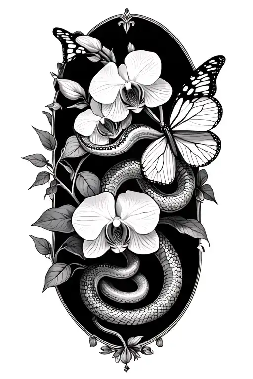 snakes, orchids and butterfly surrounded tattoo design idea