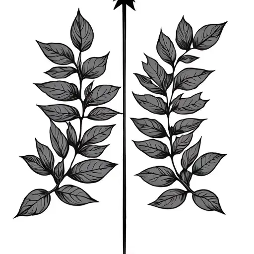 two horizontal rowan branches like a flat laurel with a vertical arrow in between them tattoo design idea