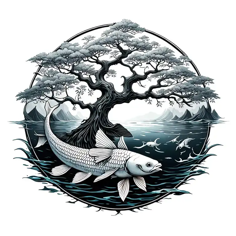 tree of life whit swimming koi fish swimming underwater tattoo design idea