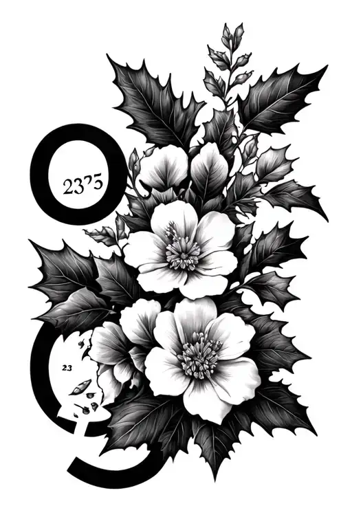 "03•23•25" Paperwhite and holly flowers tattoo design idea