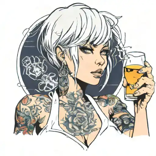 Sexy girl, Huge cleavage, petite, torn clothing, short white bob hairstyle, drinking alcohol, side view tattoo design idea