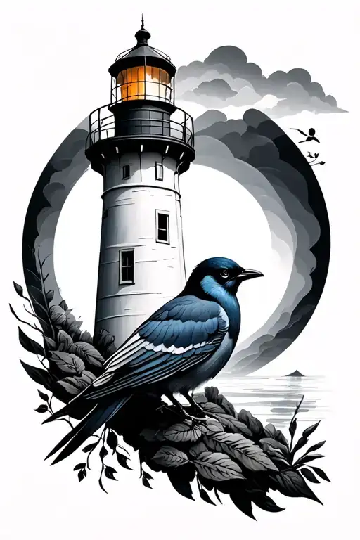 lighthouse and tui bird tattoo design idea