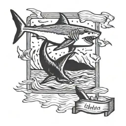 A shark jumping out of a school chalkboard, blending the teacher's profession with their love for sharks tattoo design idea