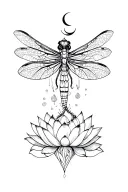 edgy Vertical dragonfly tattoo with upside down crescent moon and ornamental decorations around it, also with a lotus tattoo design idea