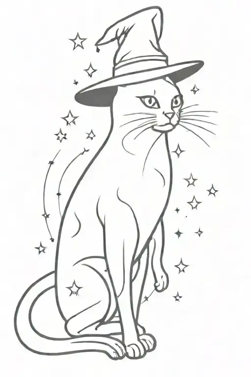 detailed full body Cat with witch hat and sparkles around tattoo design idea