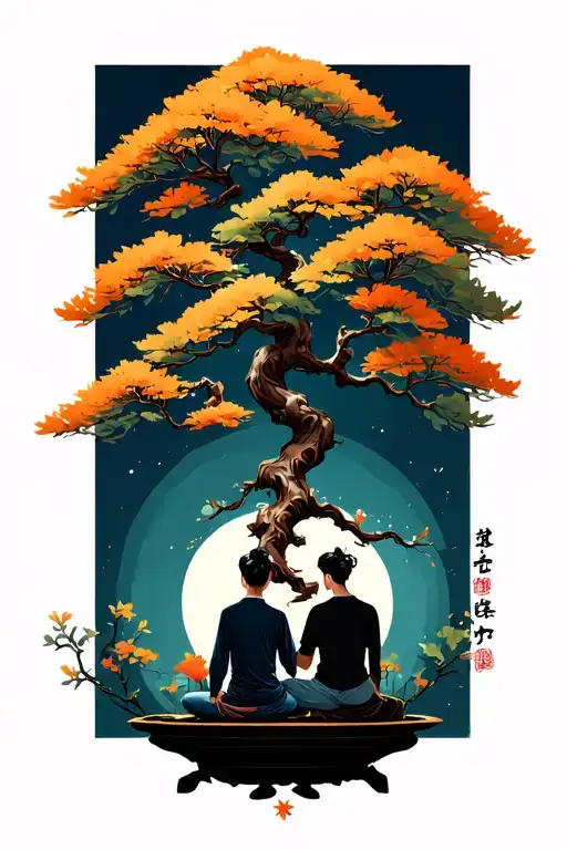 bonsai tree, with branch and two people sitting tattoo design idea