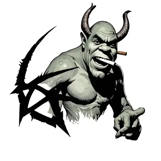 shrek as satan with a blunt in his mouth and a pentagram as a shuriken tattoo design idea
