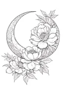 crescent moon, peonie flowers, art nouveau, art deco, symmetrical tattoo design idea