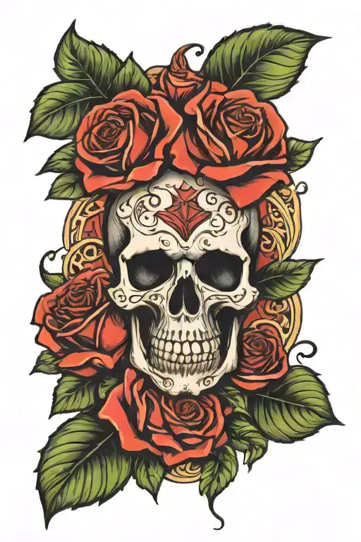 skull and roses with the name tara tattoo design idea