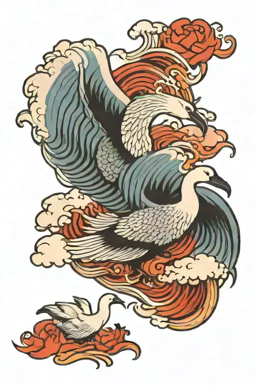 japanese style tatoo with 3 geese. Waves, clouds, flames tattoo design idea