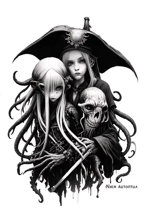 nier automata 2b and cthulhu dressed as ragged pirates, black and white tattoo design idea