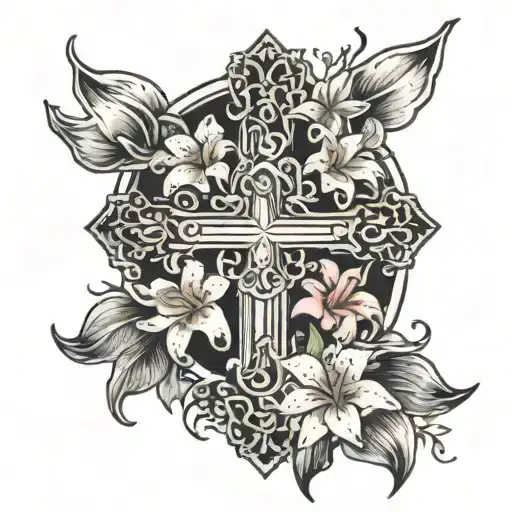 cross surrounded by lilies with a simple crown over everything  tattoo design idea