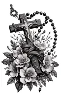 simple cross with rosary and flowers wrapped  tattoo design idea