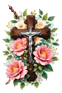 simple cross with rosary and flowers wrapped  tattoo design idea