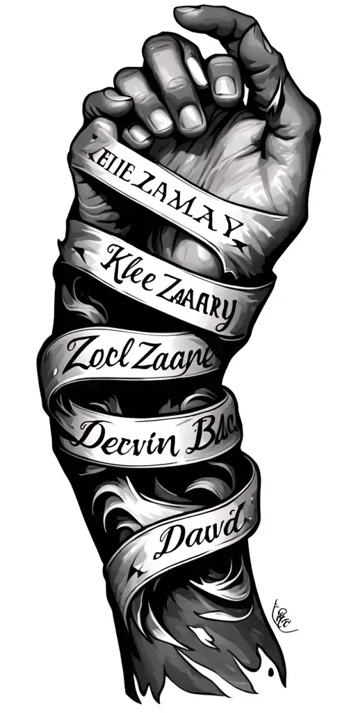 sleave with my sons name starting from my rt hand wrapping around my arm with names Kyle Zackary Devin David  tattoo design idea