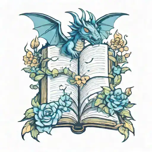 dragon hoarding old open books, wind and  light shooting up, with butterflies, flowers and leafy vines curling down tattoo design idea