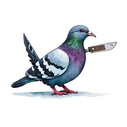 Cute chubby pigeon holding knife in beak open tattoo design idea