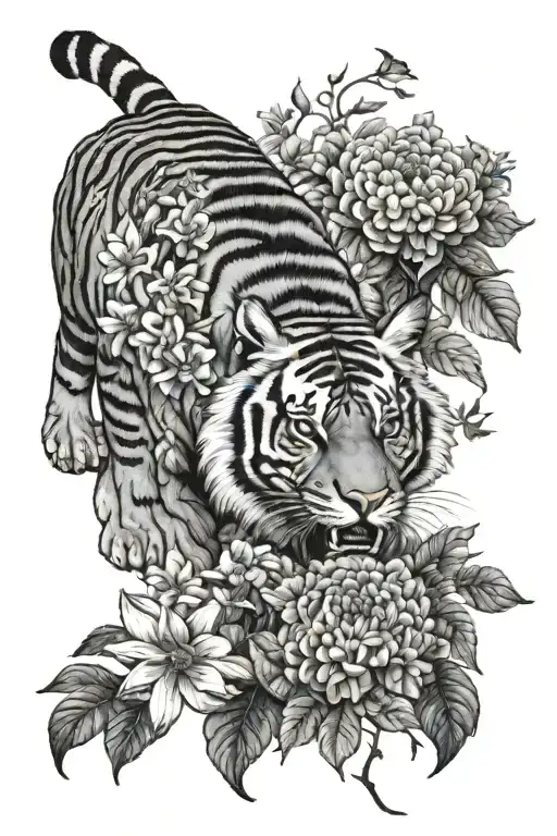 tiger walking in a garden of chrysanthemum flower, mulberry fruit and bougainvillea flowers and butterflie tattoo design idea