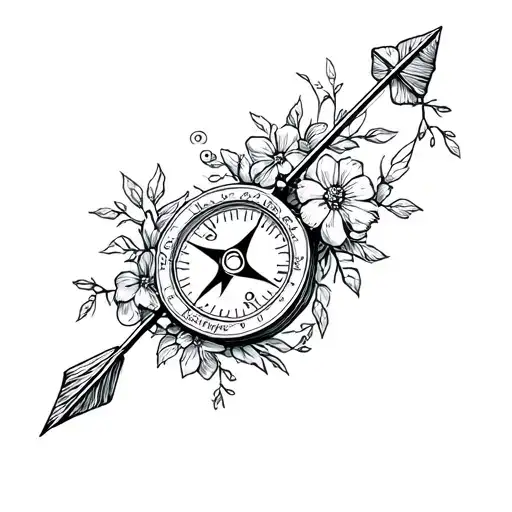 dainty compass with flowers and wrapped in vines an arrow the top having a cross and heart  tattoo design idea