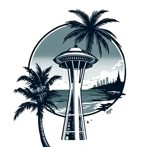 Seattle mariners space needle beach palm tree tattoo design idea
