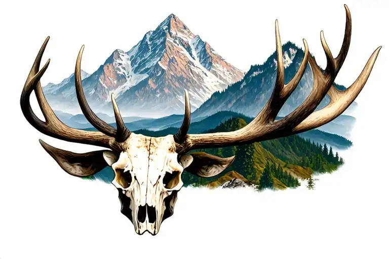 elk skull mountain tattoo design idea