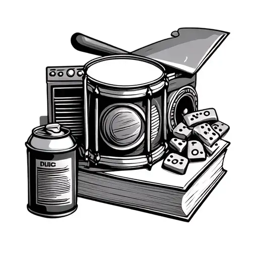 drum, domino, meat cleaver, can of spray paint, book, radio, grouped together tattoo design idea