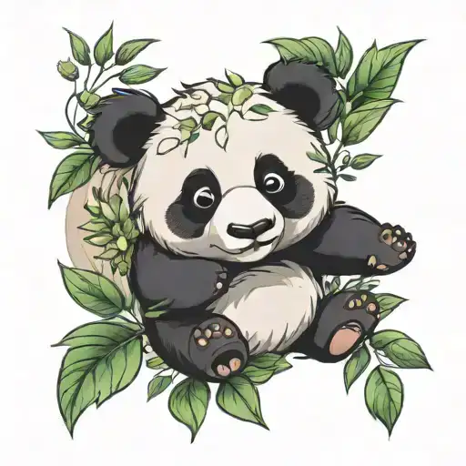 little panda with leaves dancing in the wind around it, chancing from spring flowery leaves to sumemr, to fall to winter tattoo design idea