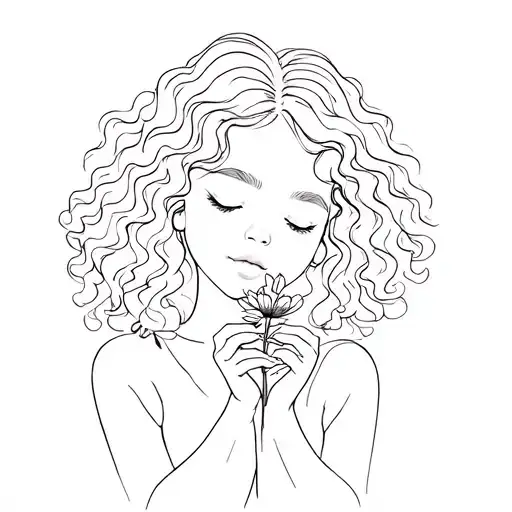 cute curly girl with a small flower in her hands tattoo design idea