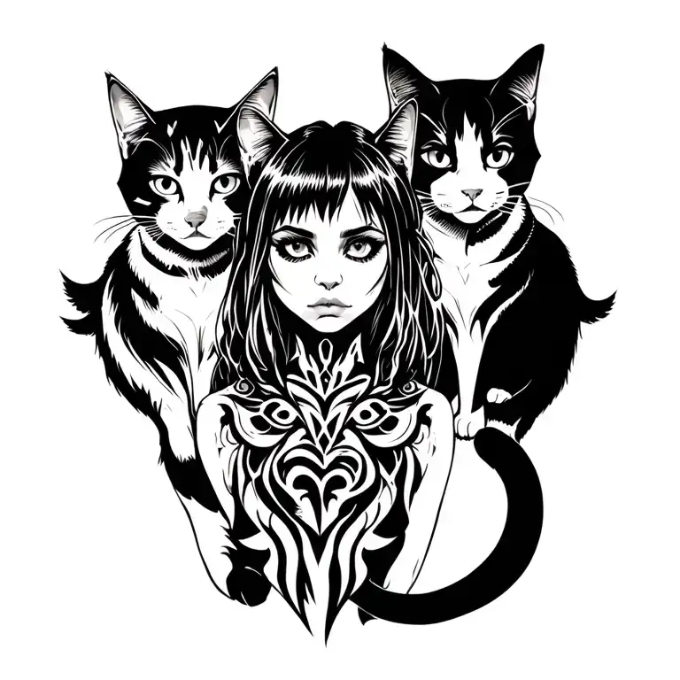 punk rock girl with gang of cats tattoo design idea