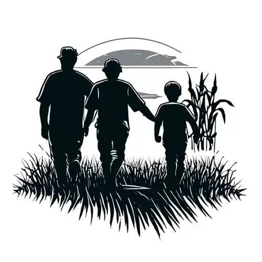 field of dreams baseball field durning sunset.With sillouette of dad and 2 sons walking into the cornfield outfield wall tattoo design idea