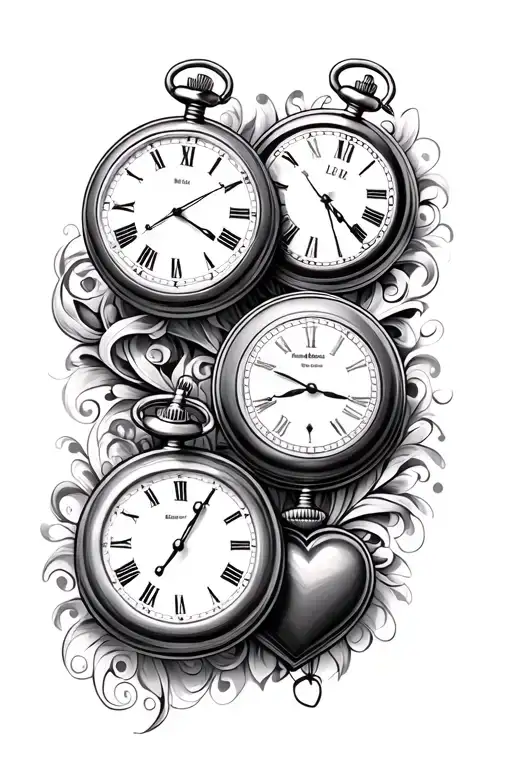 3 pocket watches. 2 round and 1 heart shaped  tattoo design idea