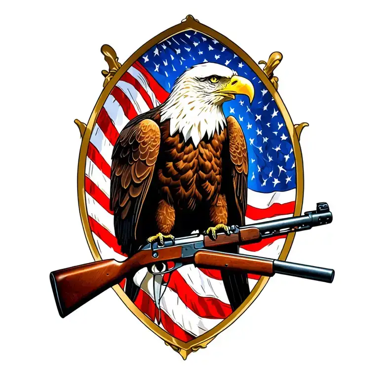 A patriotic bald eagle perched on a rifle with an American flag in the background tattoo design idea