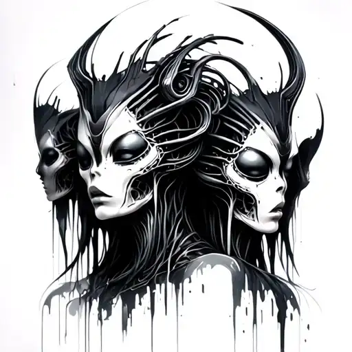 HR GIGER ART STYLE, airbrush spray style Canvas with strong darker background abstract Aliens and women humanoid tattoo design idea