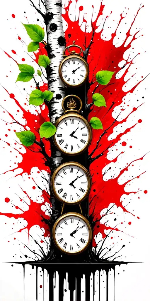 birch tree in summer with green leaves with three clocks on it tattoo design idea