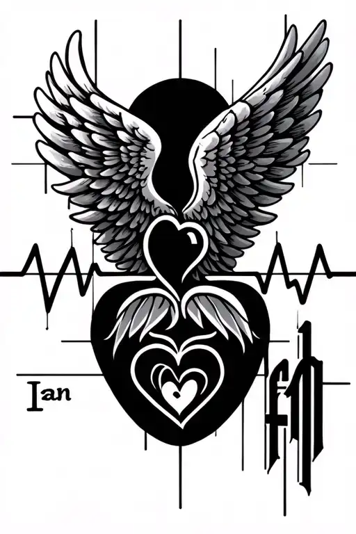 "Ian f19" angel wing and ekg with heart and name tattoo design idea