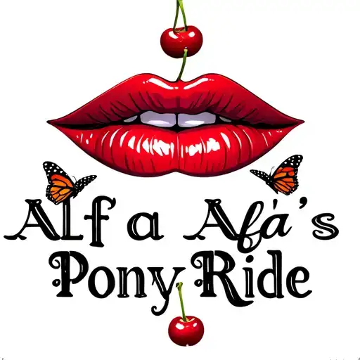 Sexy red lips symbol with cherries.  Sexy font that reads "Alfa's Pony Ride".  Design has 2 small monarch butterflies tattoo design idea