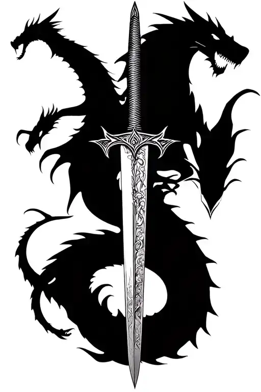 create a game of thrones back tattoo with the Targaryen sword going down the spine and Daenerys three dragons surroundin tattoo design idea