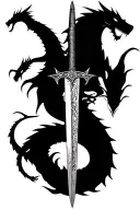 create a game of thrones back tattoo with the Targaryen sword going down the spine and Daenerys three dragons surroundin tattoo design idea