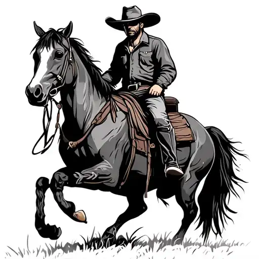 cowboy on a horse on a ranch with cattle brand tattoo design idea