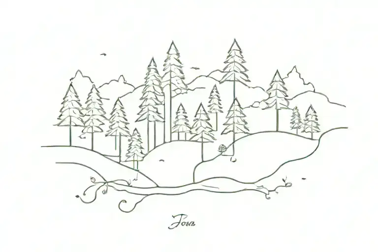 A whimsical forest scene inspired by the forests and rivers of Idaho, with a hidden crochet motif intertwined in the trees and a subtle nod to Korean folk art elements tattoo design idea