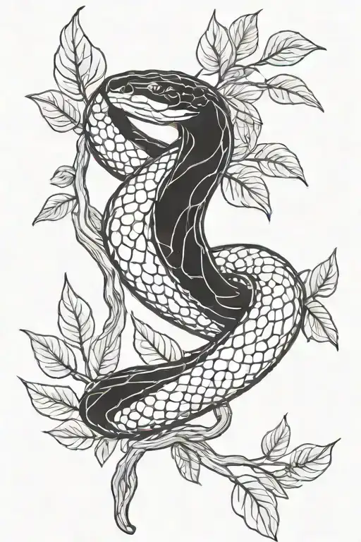 BLACK EVIL SNAKE ENTWINED WITH A COCOA TREE BRANCH tattoo design idea