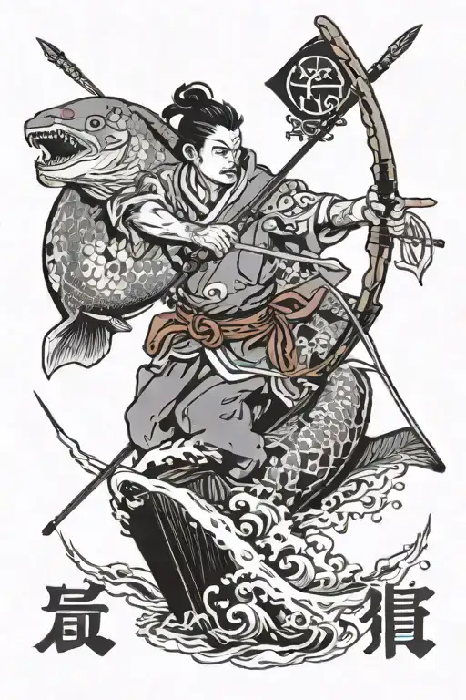 A Man in a boat holding a bow with an arrow made out the word aika aiming it at Pisces tattoo design idea