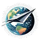 real plane reflecting paper airplane flying over a world to show dreams become reality tattoo design idea