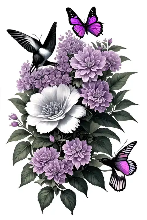 lilac flowers, butterflies and humming bird in a bush    tattoo design idea