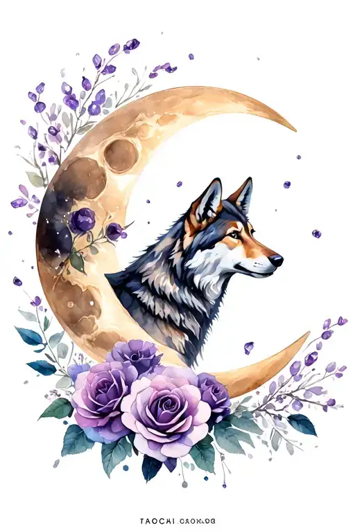 moon with wolf roses amethyst  tattoo design idea